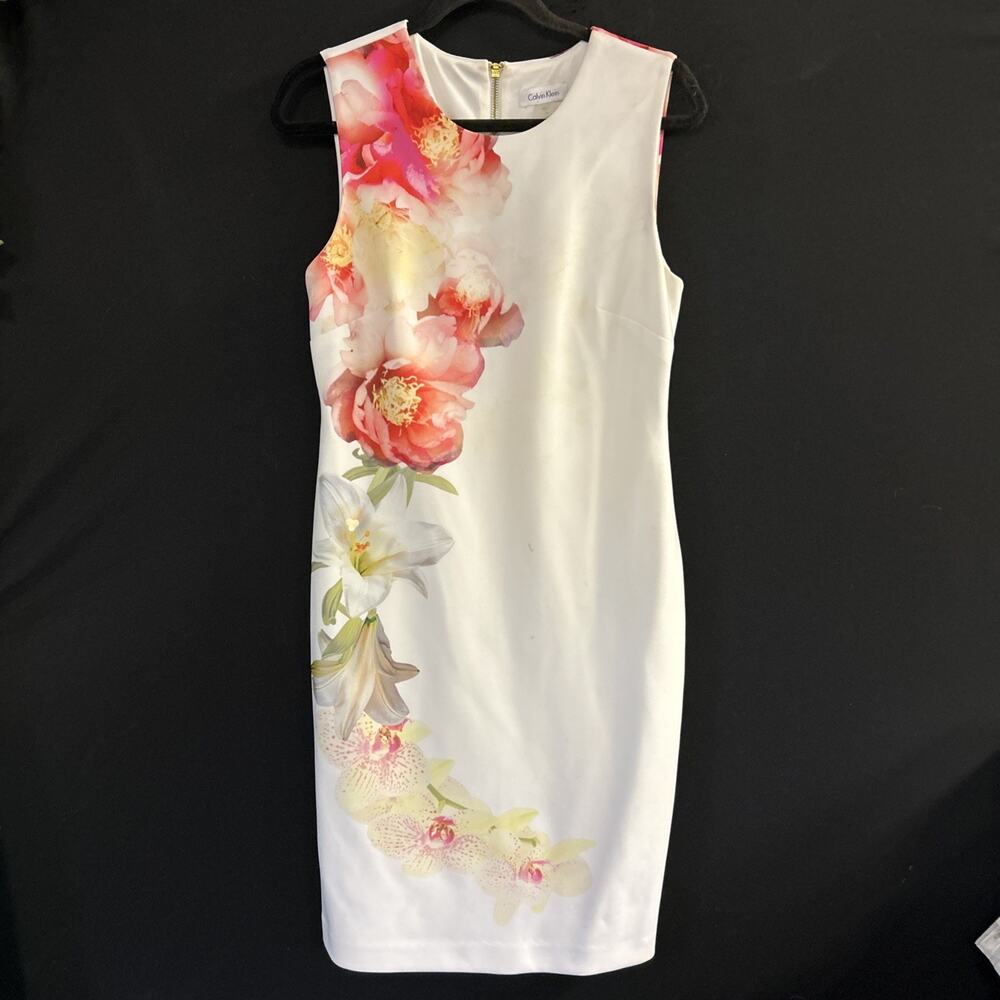 Calvin Klein Floral Print Sleeveless Sheath Dress White Pink Size 10 Knee Length